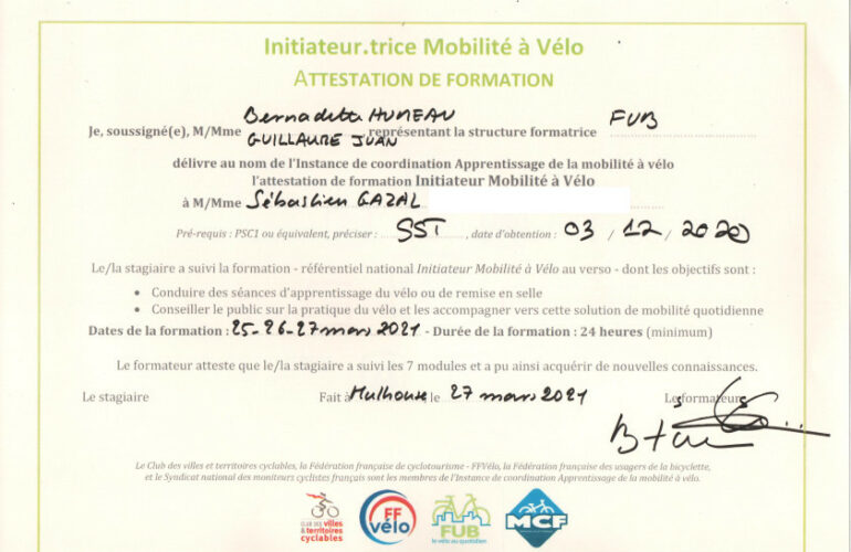 CYCL O TERRE bureau d etudes environnement attestation formation Initiateur Mobilite a Velo IMV FUB
