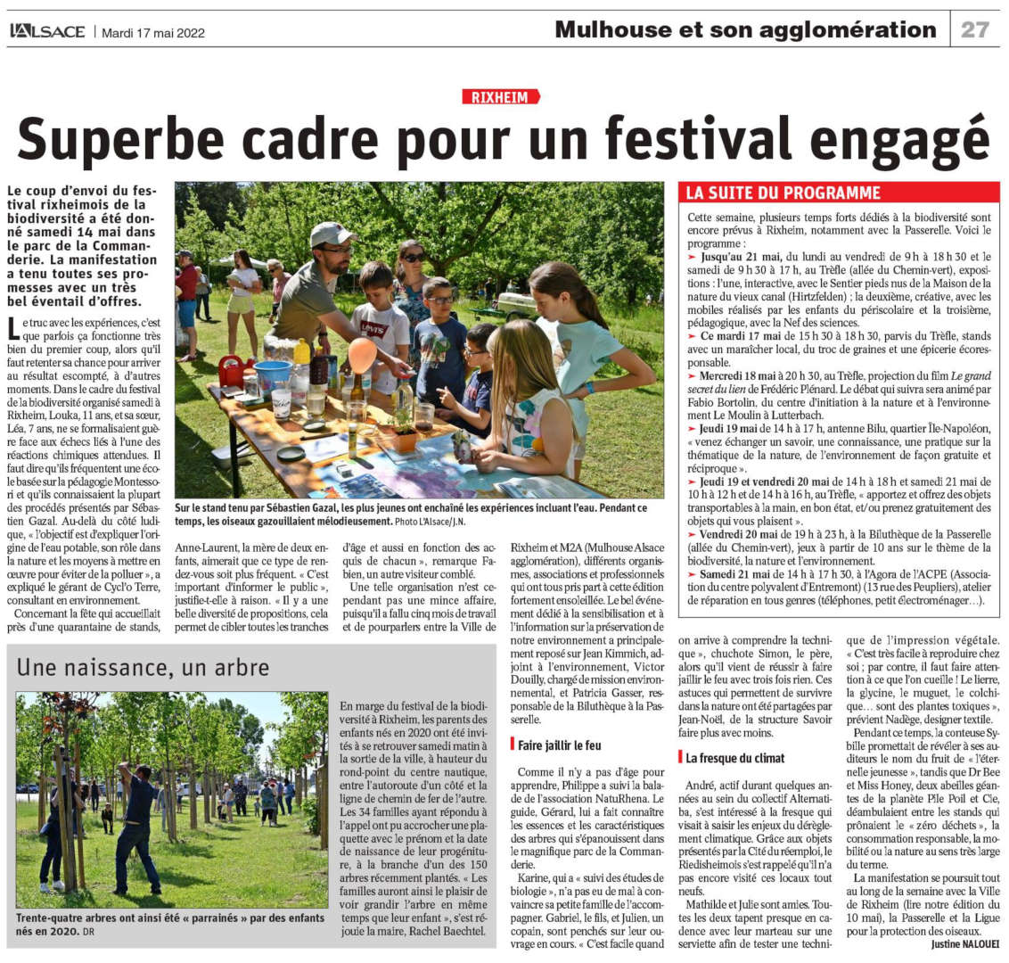 CYCL'O TERRE bureau d'études environnement article Alsace Festival bio diversite Rixheim